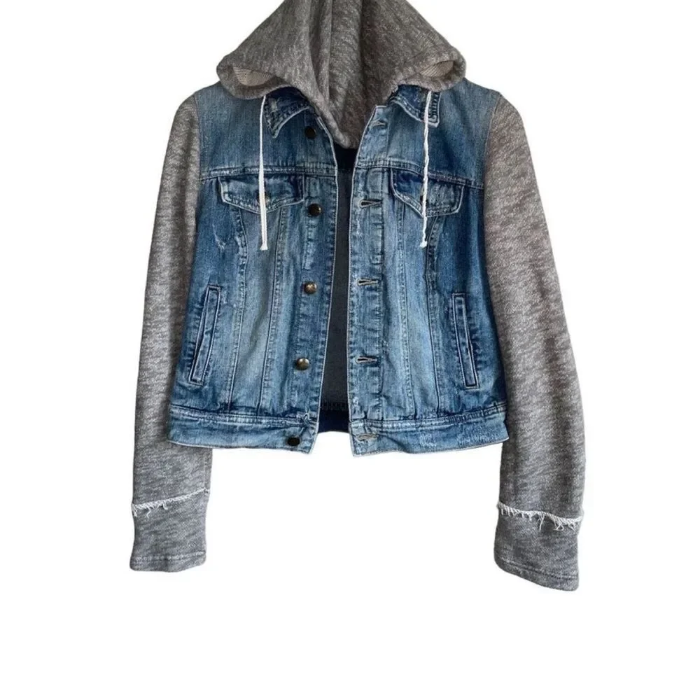 Free People Blue Denim Jacket with Gray Knit Sleeves - Picture 14 of 14